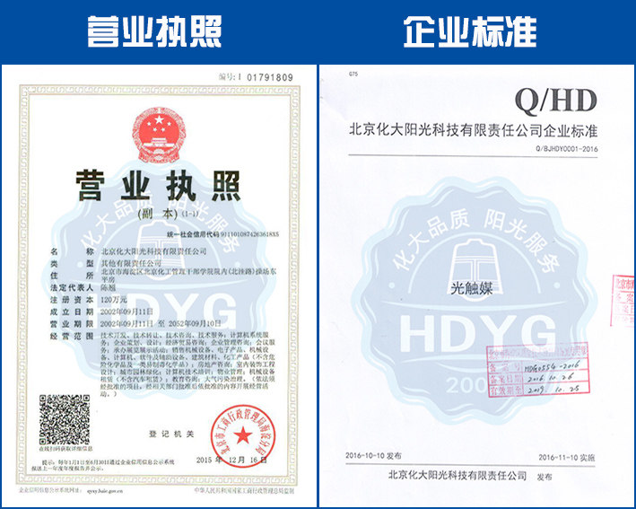 化大陽(yáng)光除甲醛公司榮譽(yù)資質(zhì)